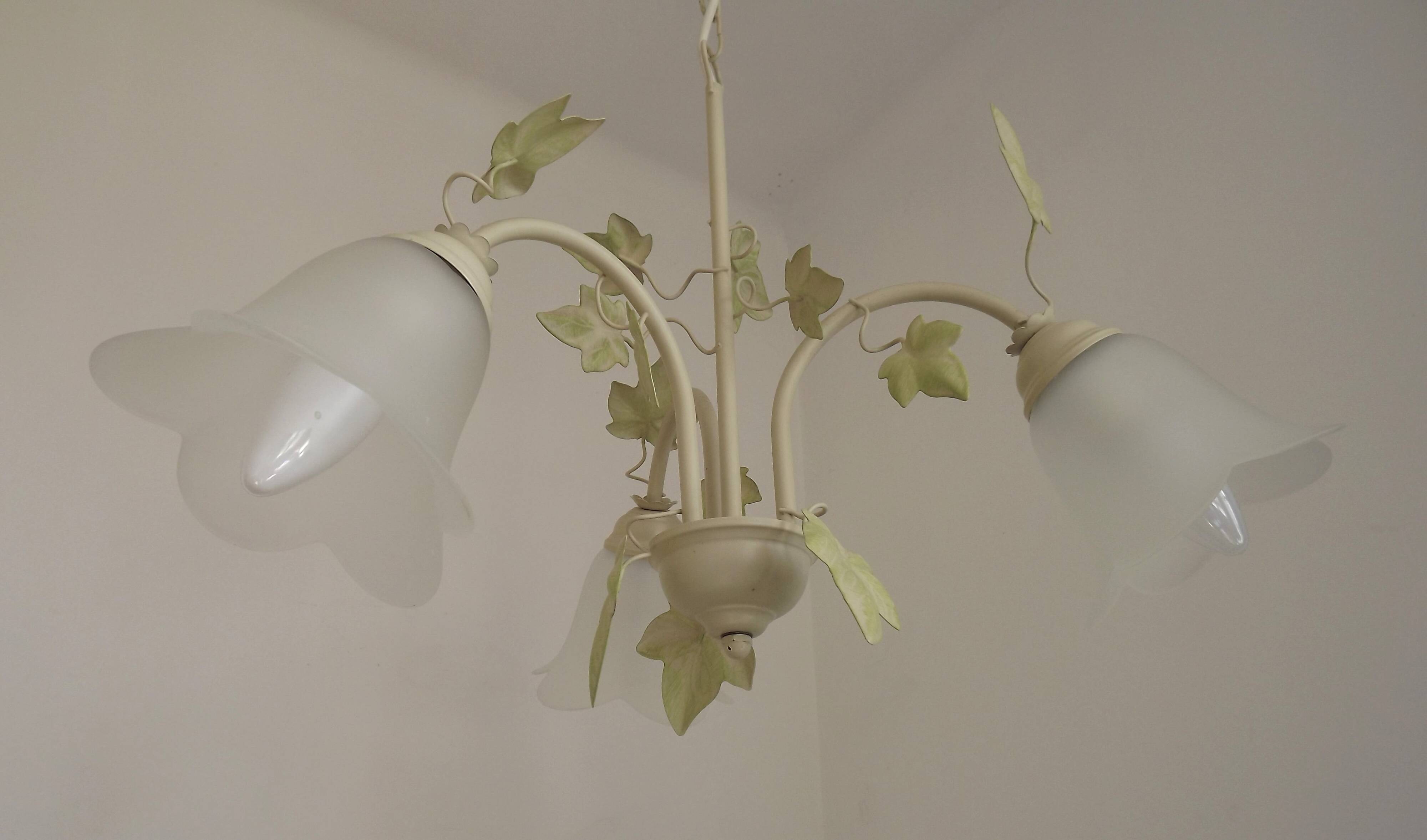 French Vintage 3 Light Green Ivy Chandelier with Opaque Glass Shades
