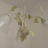 French Vintage 3 Light Green Ivy Chandelier with Opaque Glass Shades