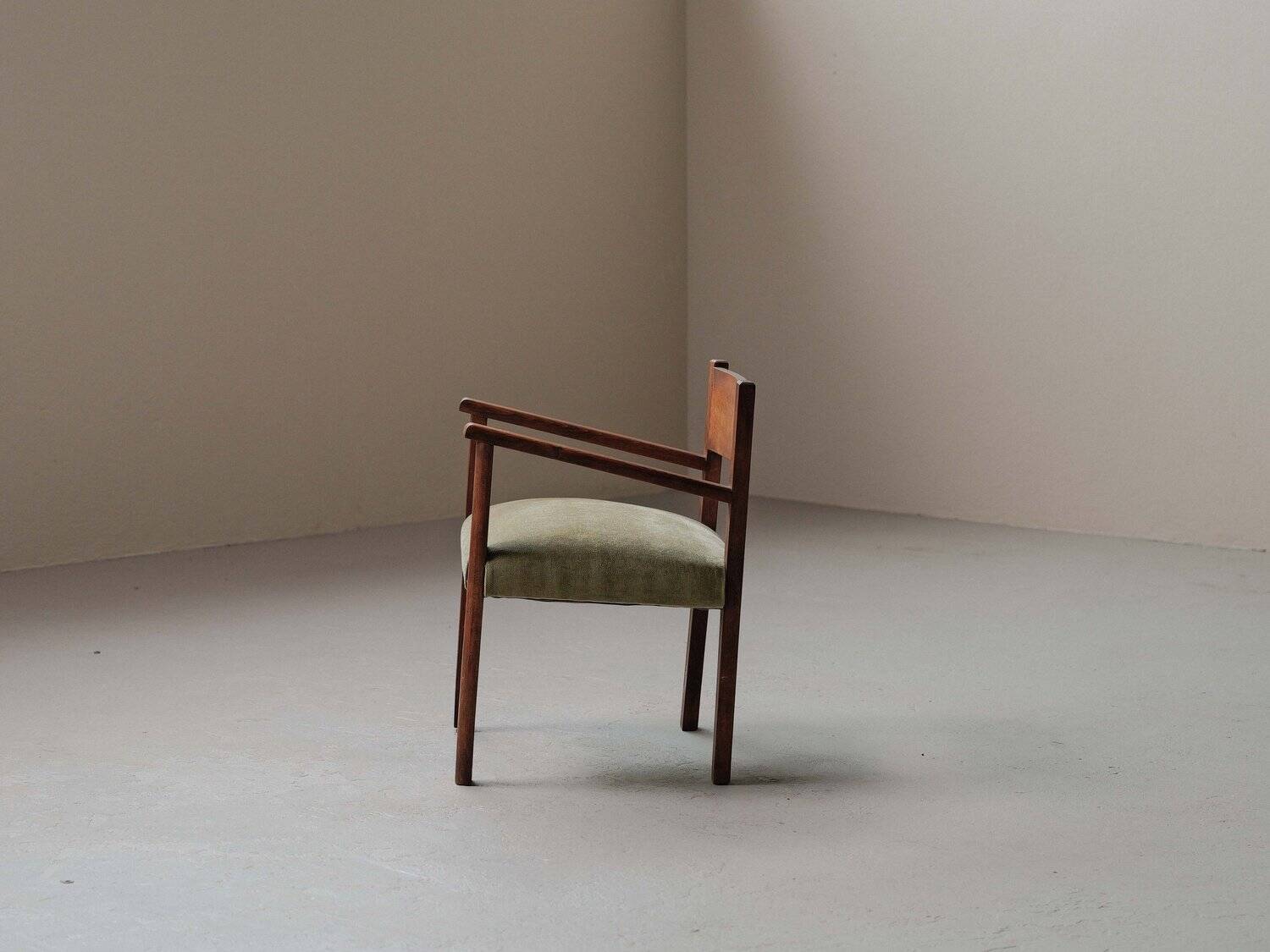 French modernist armchair in wood and green velvet, 1950s