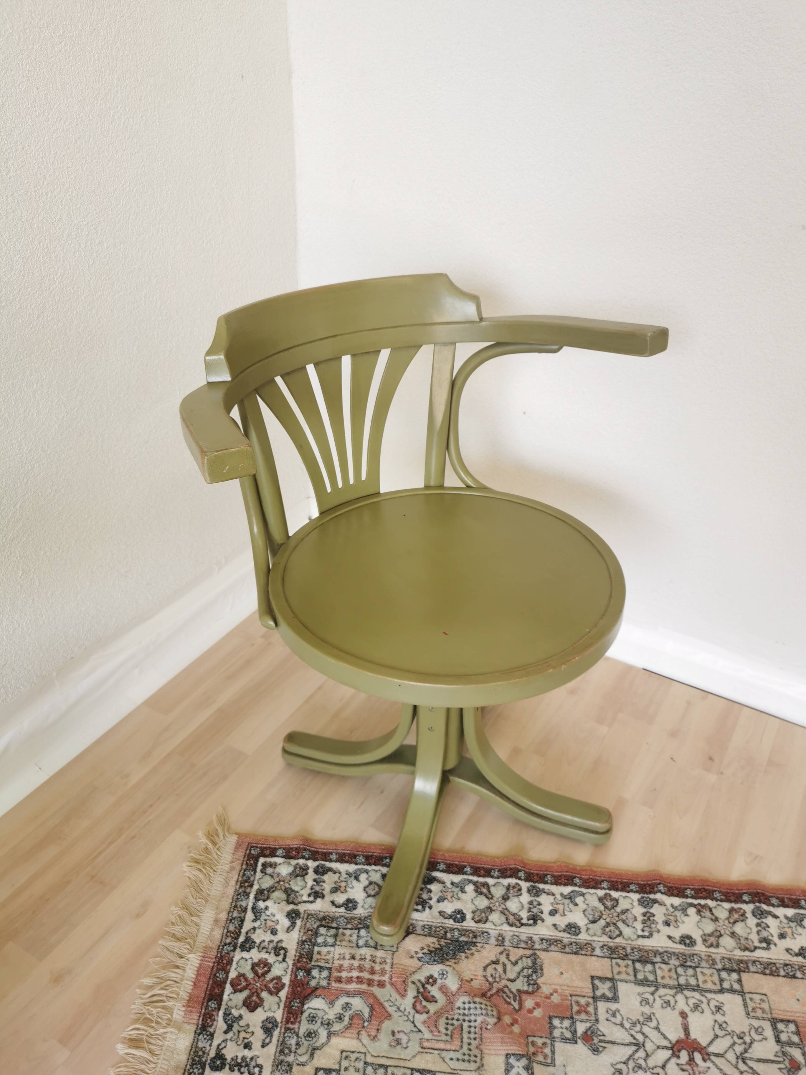 Vintage Thonet Style Bentwood Swivel Chair - Olive Green Retro Armchair