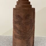 Large chamotte clay lamp in brutalist style, with a plant motif.