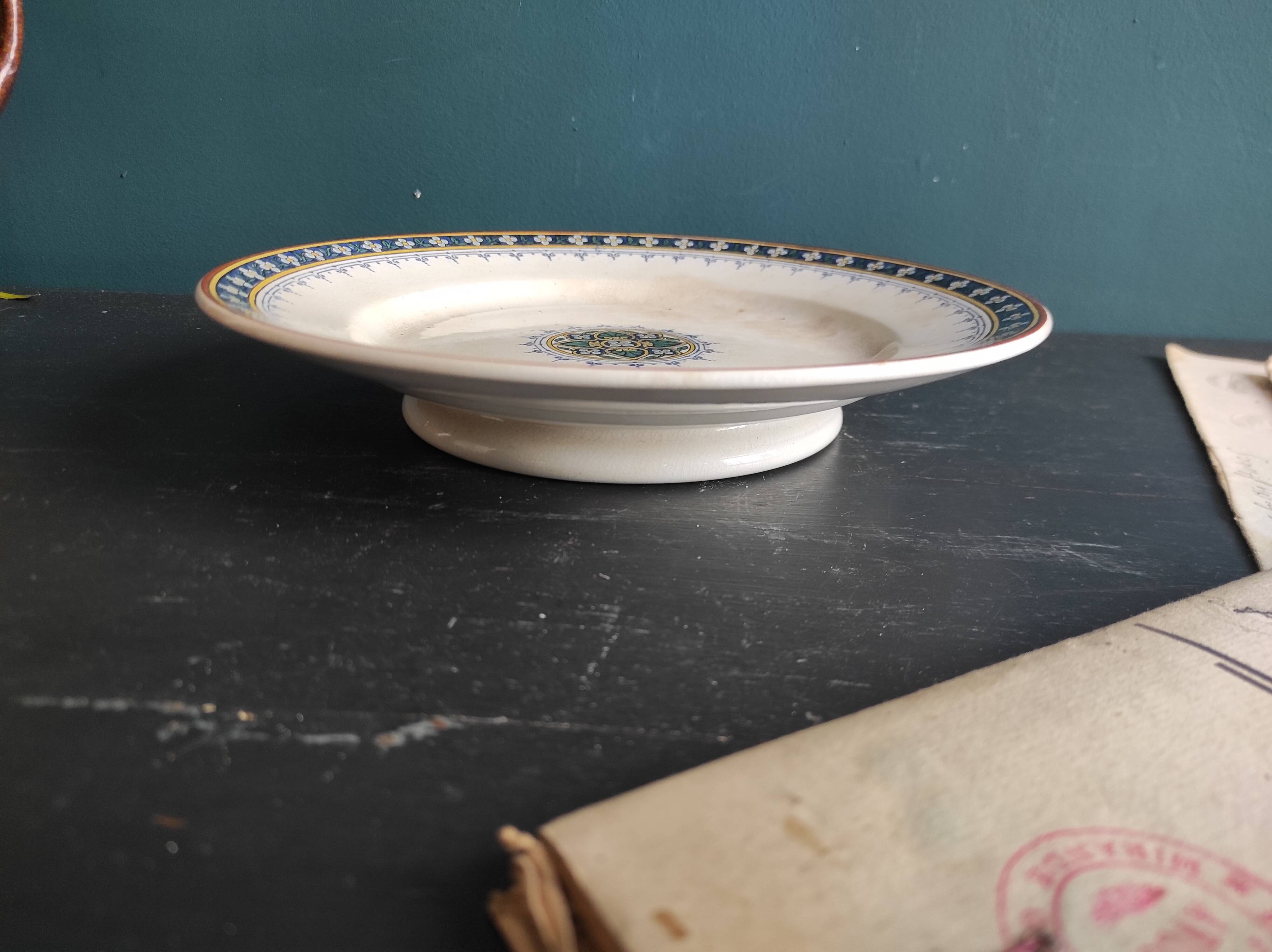 French vintage cake plate or cake stand for desserts or fruit, Sarreguemines, mod. Myosotis