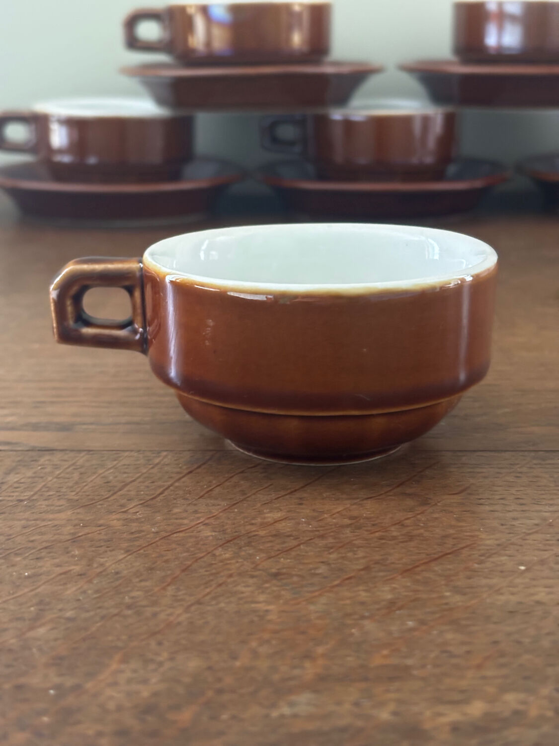Vintage set of 6 coffee cups and saucers in glazed brown bistro style.