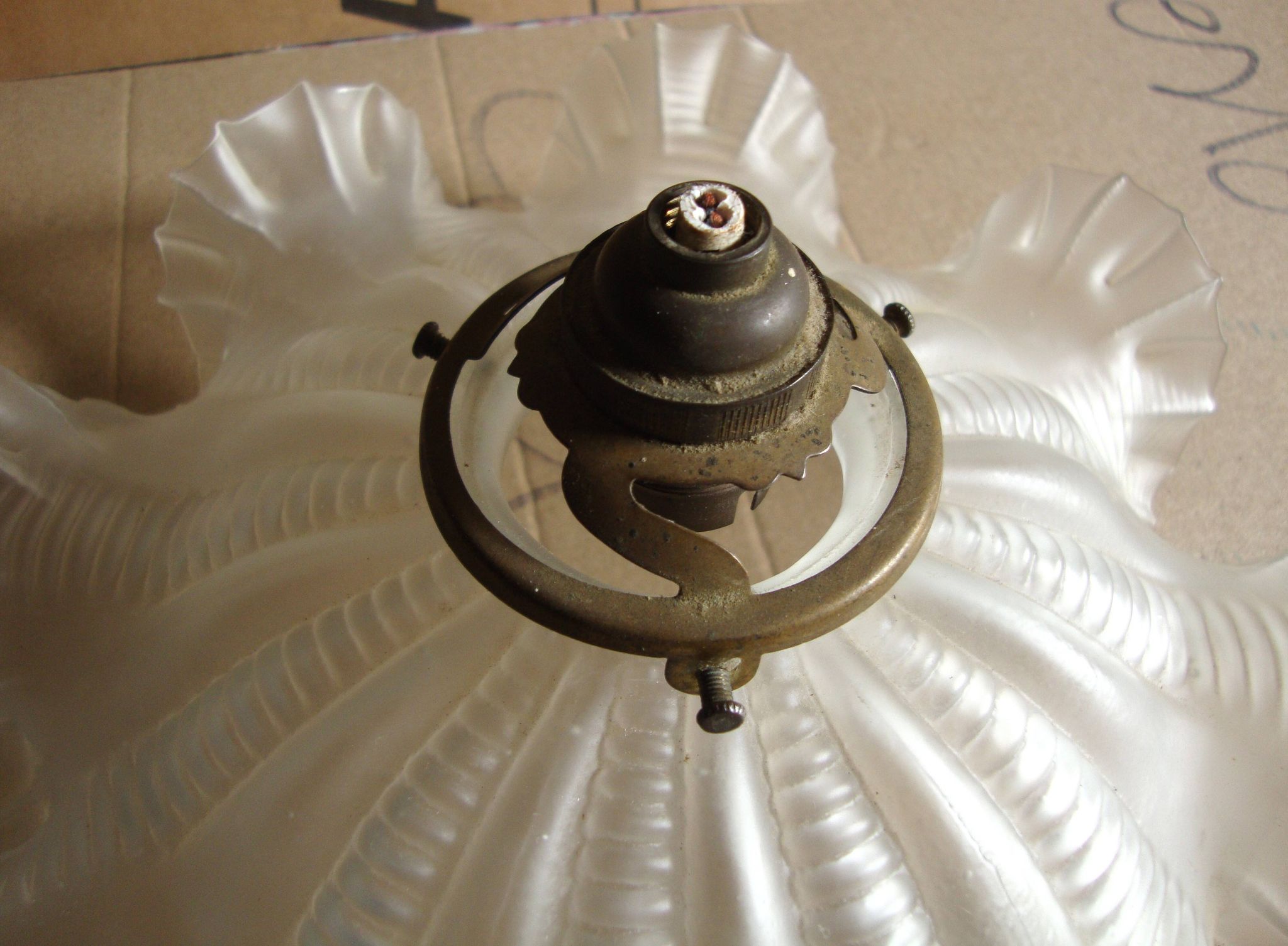 Vintage pleated glass lampshade with claw and socket.