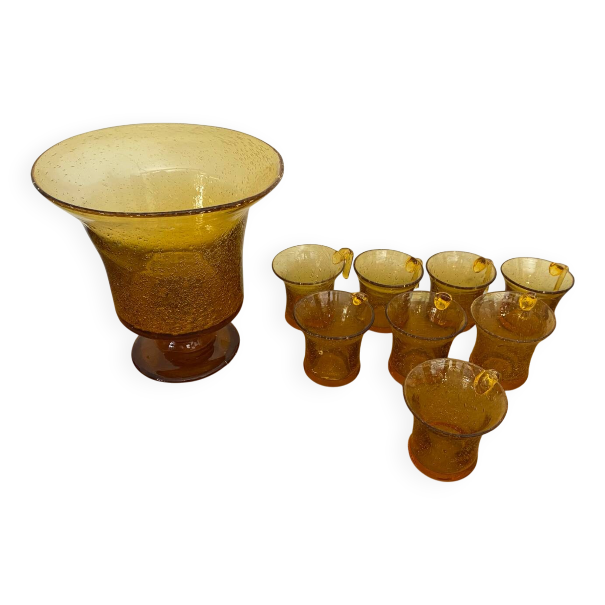 Old Punch Service Style BIOT Bucket + 8 Vintage Orange Bubble Glass Cups