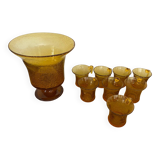Old Punch Service Style BIOT Bucket + 8 Vintage Orange Bubble Glass Cups