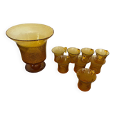 Service à punch ancien en verre bullé ambré, style Biot
