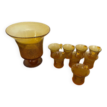 Old Punch Service Style BIOT Bucket + 8 Vintage Orange Bubble Glass Cups