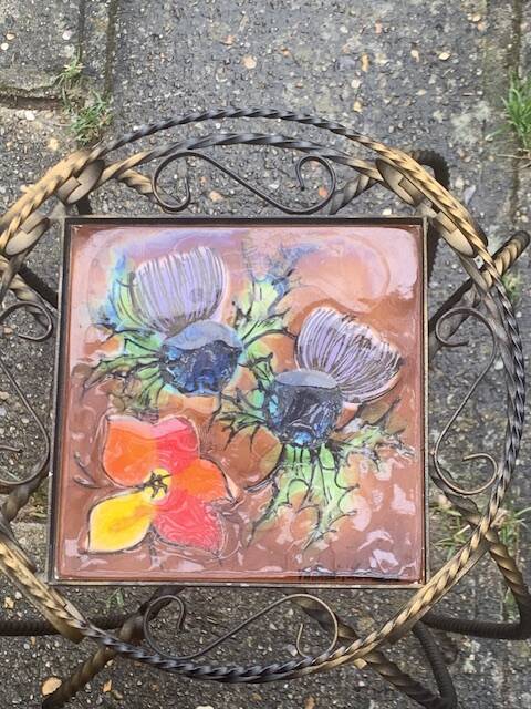Plant door, iron harness forged twist black and golden and hand-painted ceramic tile