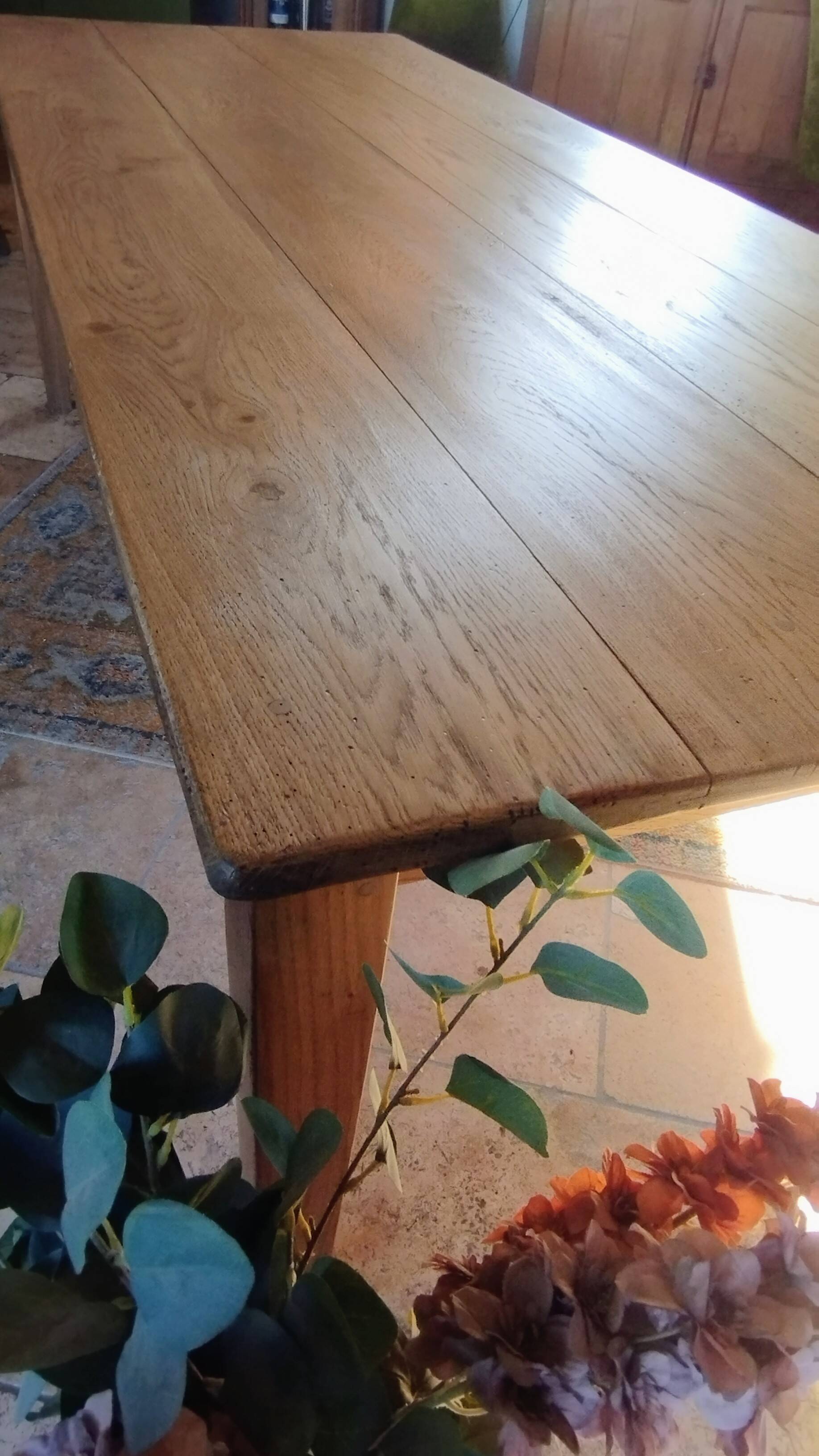 Solid oak farmhouse table with central drawer and extension