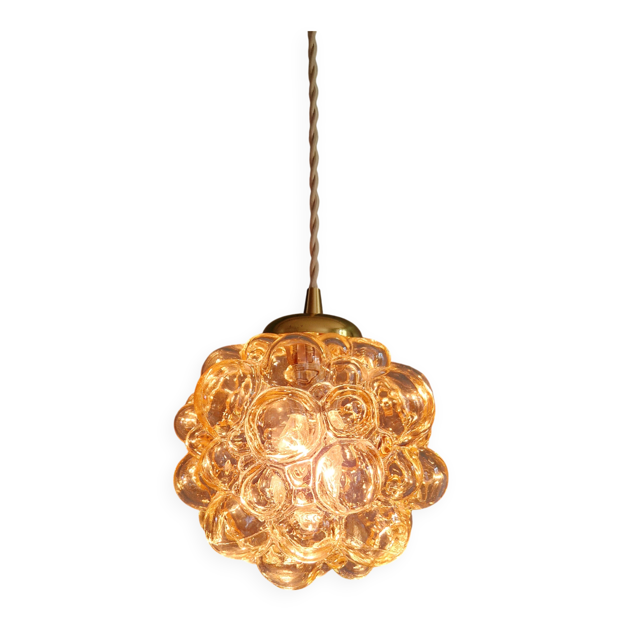 Amber bubble glass pendant (3 available), design by Helena Tynell, 1970.