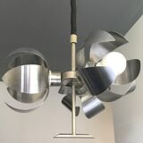 Space-age pendant lamp with 3 stainless steel lights and brushed aluminum adjustable in height - design 1970