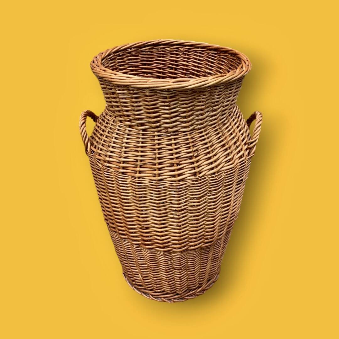 Large antique woven wicker basket – amphora shape – circa 1950