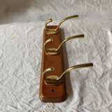 Vintage wall coat rack in lacquered wood - 3 golden hooks