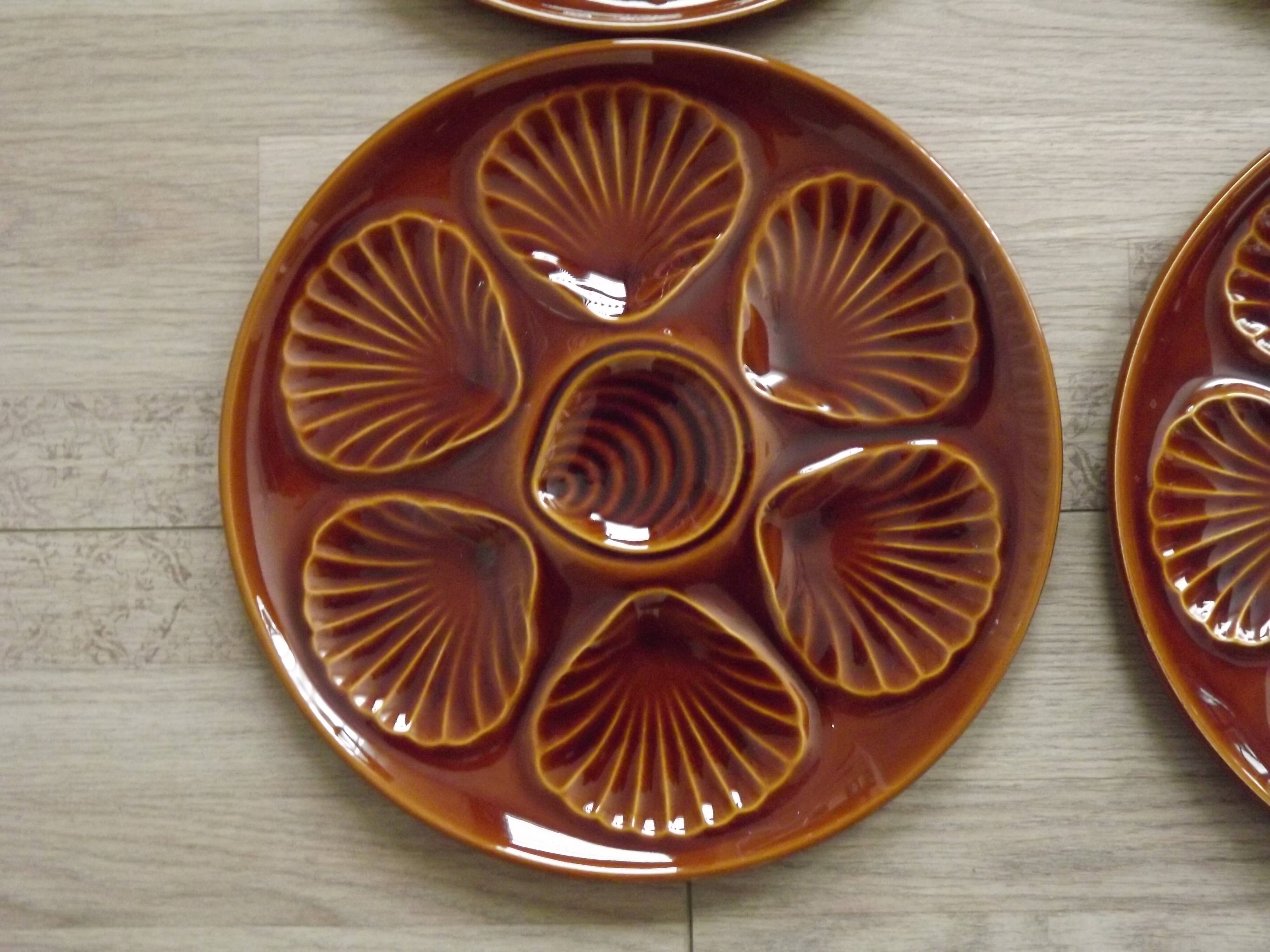 Set of 6 brown majolica oyster plates for 6 oysters and lemon 4951