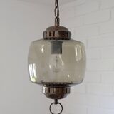Vintage Copper Pendant Light Amber Glass Mid Century Modern Ceiling Lanter