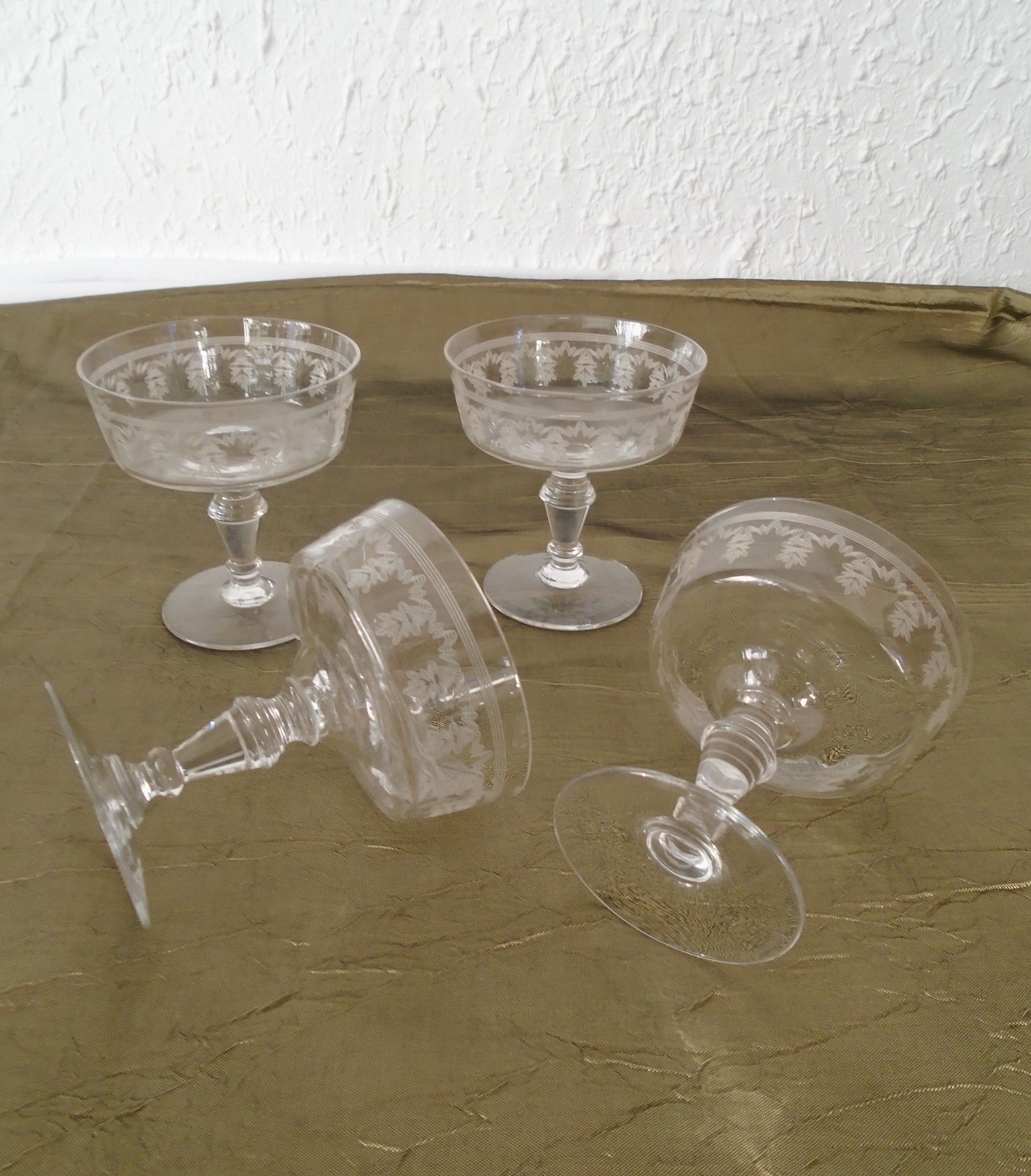 4 champagne glasses engraved crystal glass antique glass
