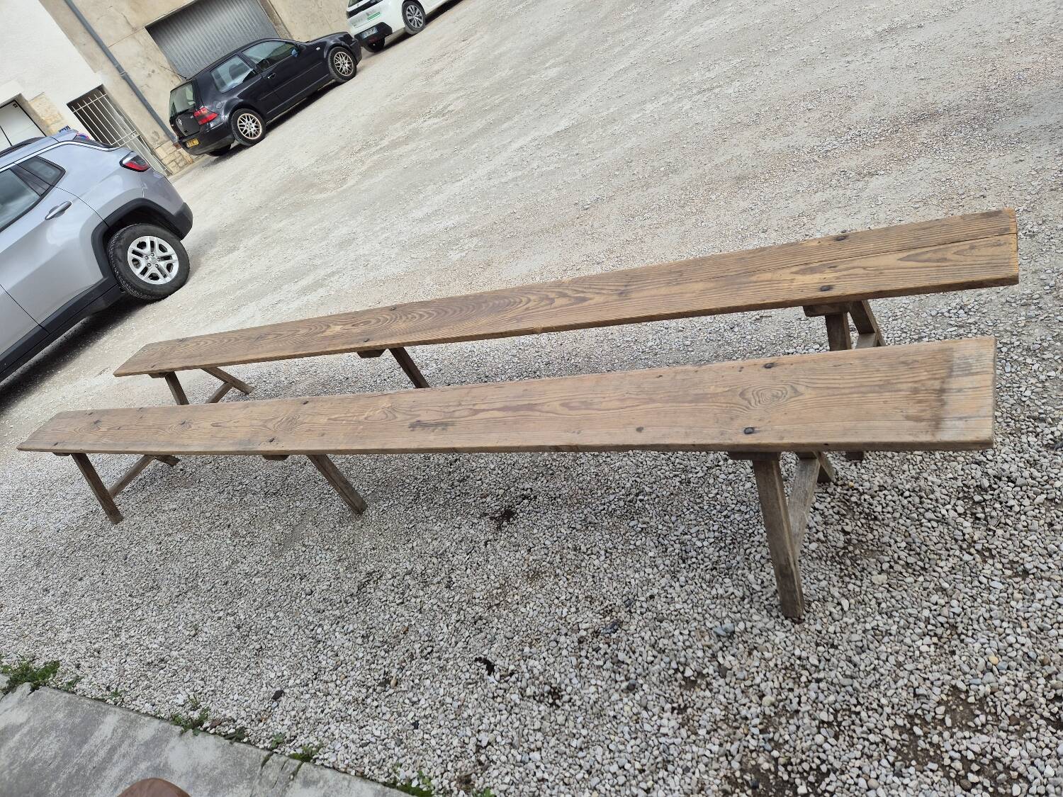 Pair of rustic oak and fir farmhouse benches 1900s - 3m85