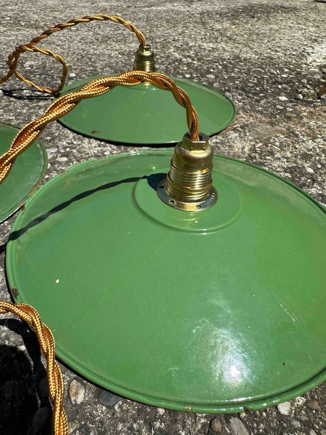 Lot of 3 vintage pendant lampshades in green and white enamelled sheet metal, industrial farm