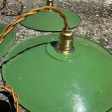 Lot of 3 vintage pendant lampshades in green and white enamelled sheet metal, industrial farm