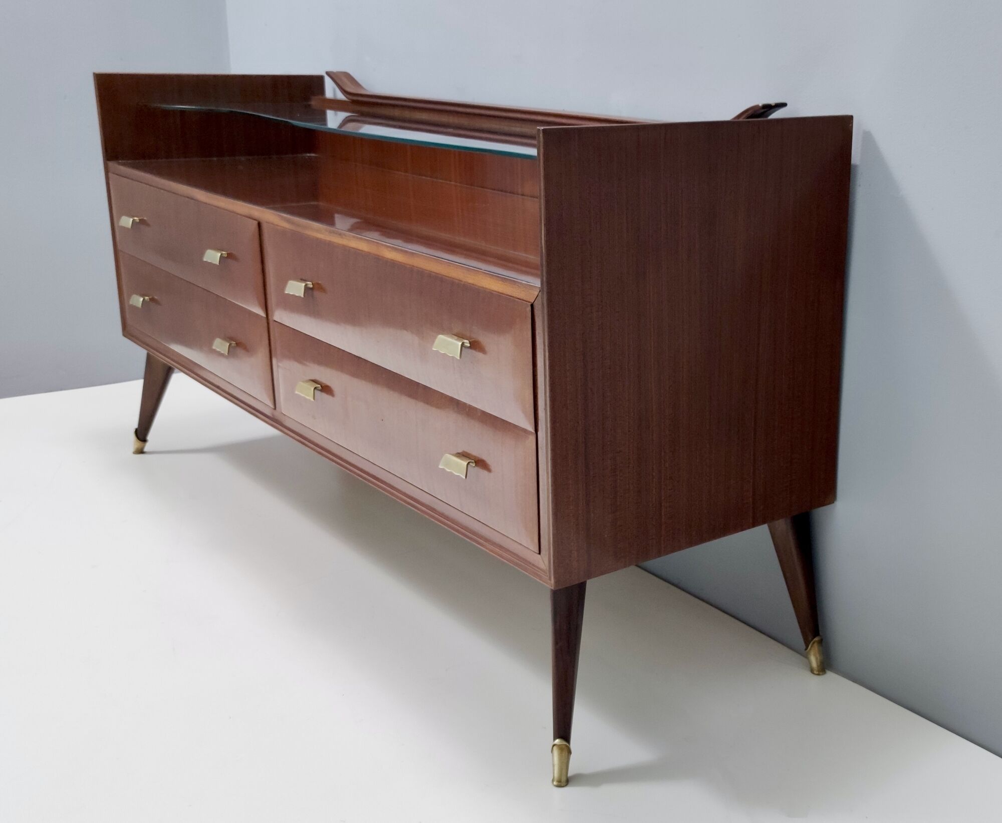 Walnut dresser with a thick glass top, italy