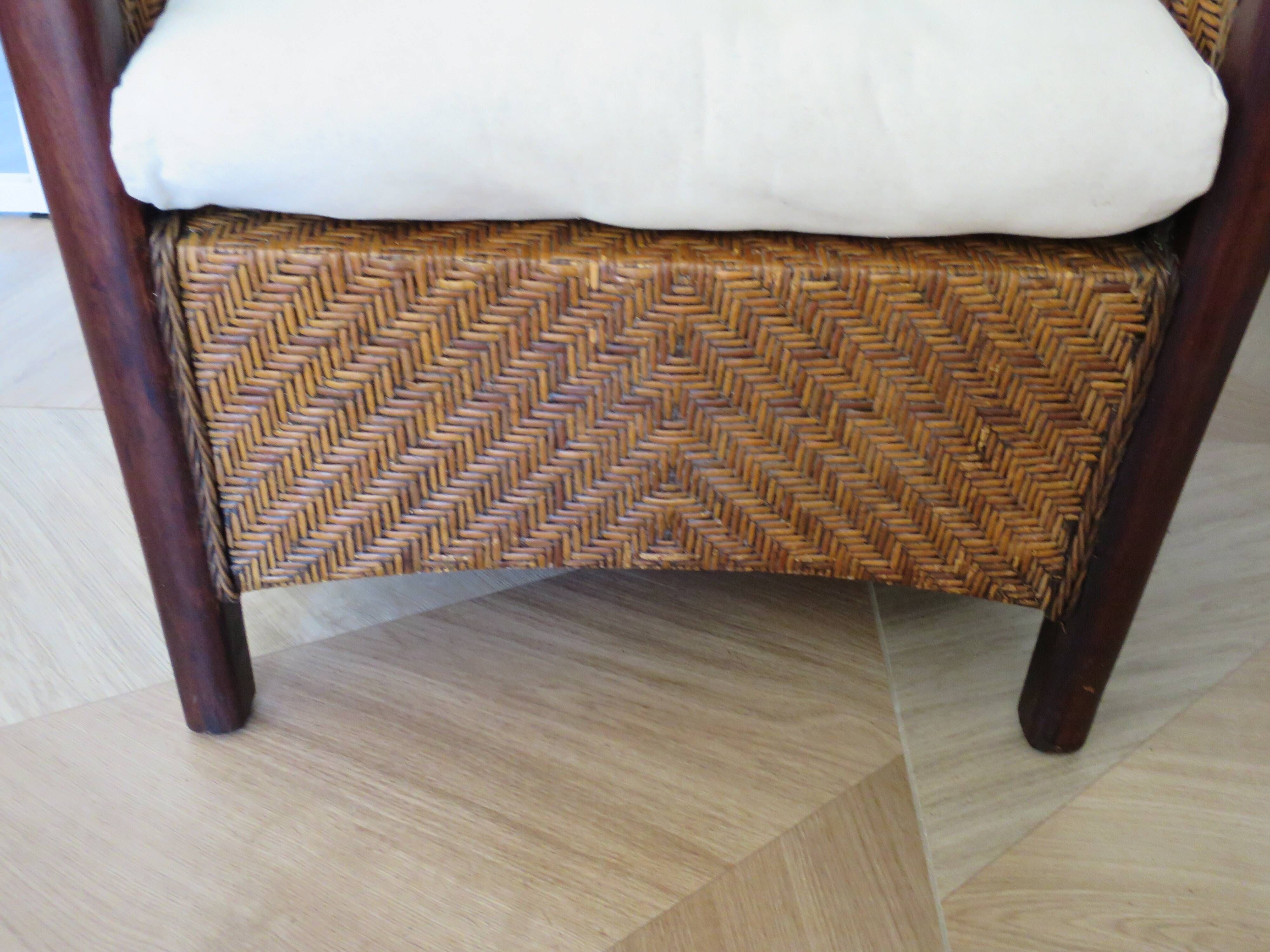 Colonial style armchair - woven rattan and exotic wood - vintage
