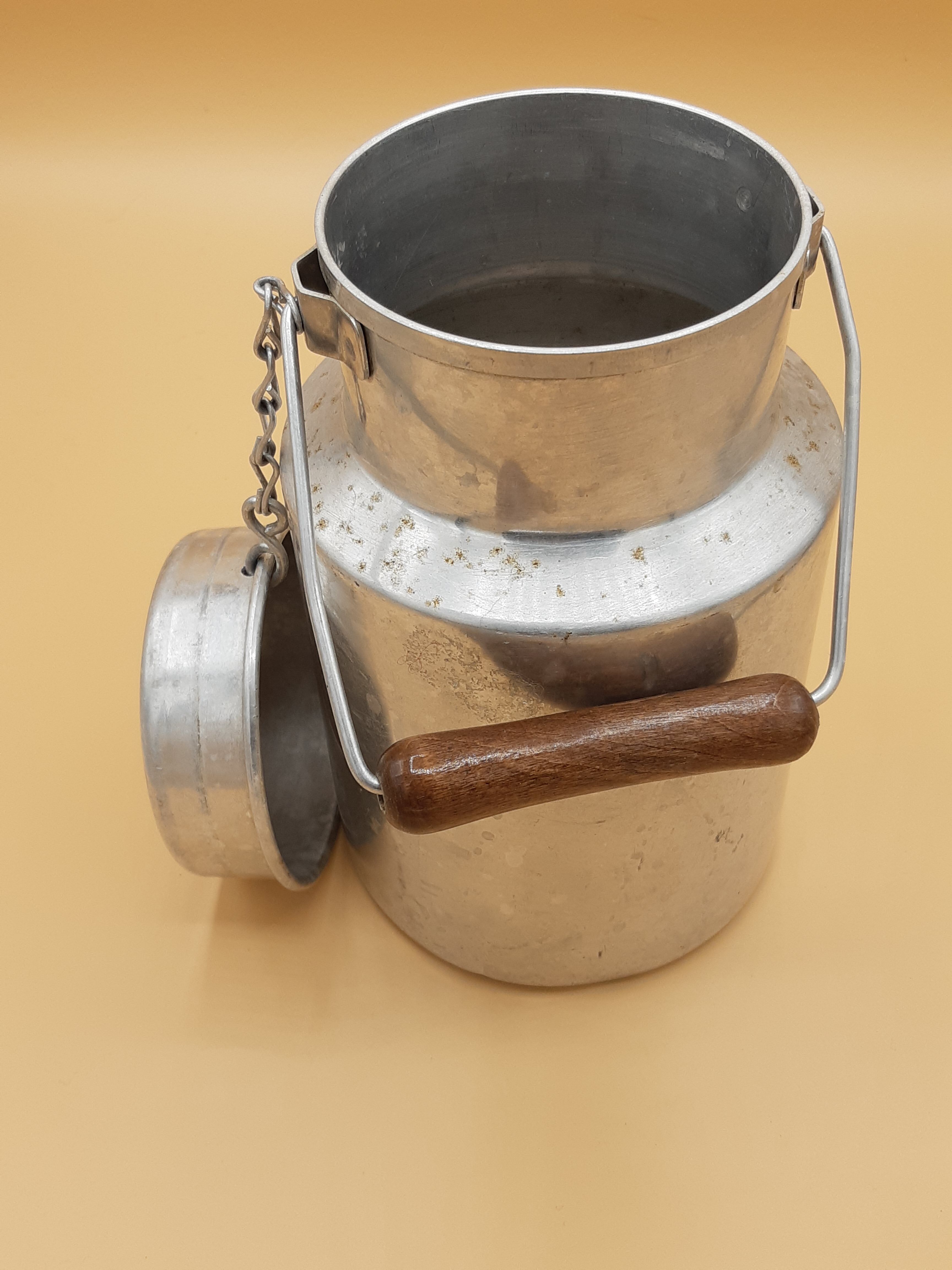 Old aluminum milk jars, wooden handle, lot of 2