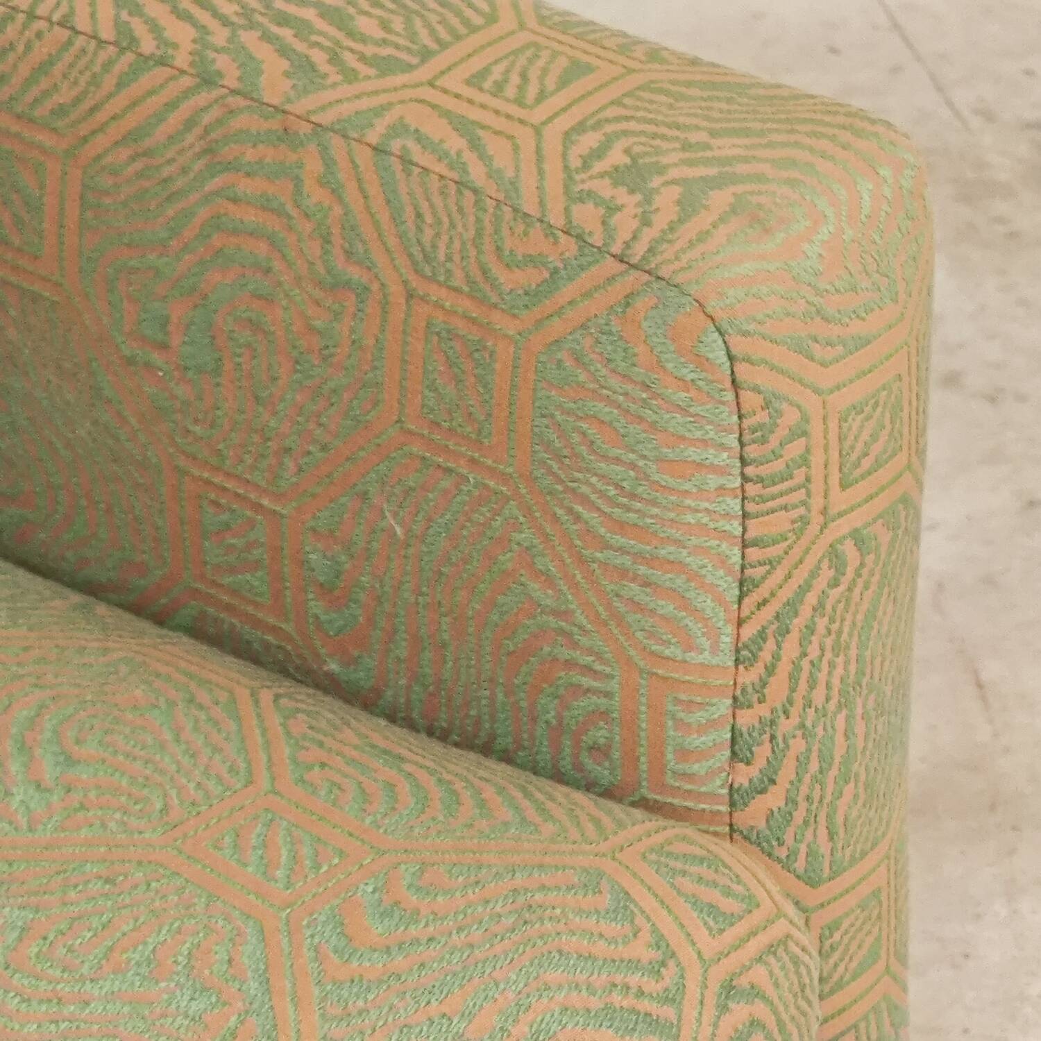 Pierre Frey modernist bench in green and gold patterned fabric