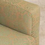 Pierre Frey modernist bench in green and gold patterned fabric