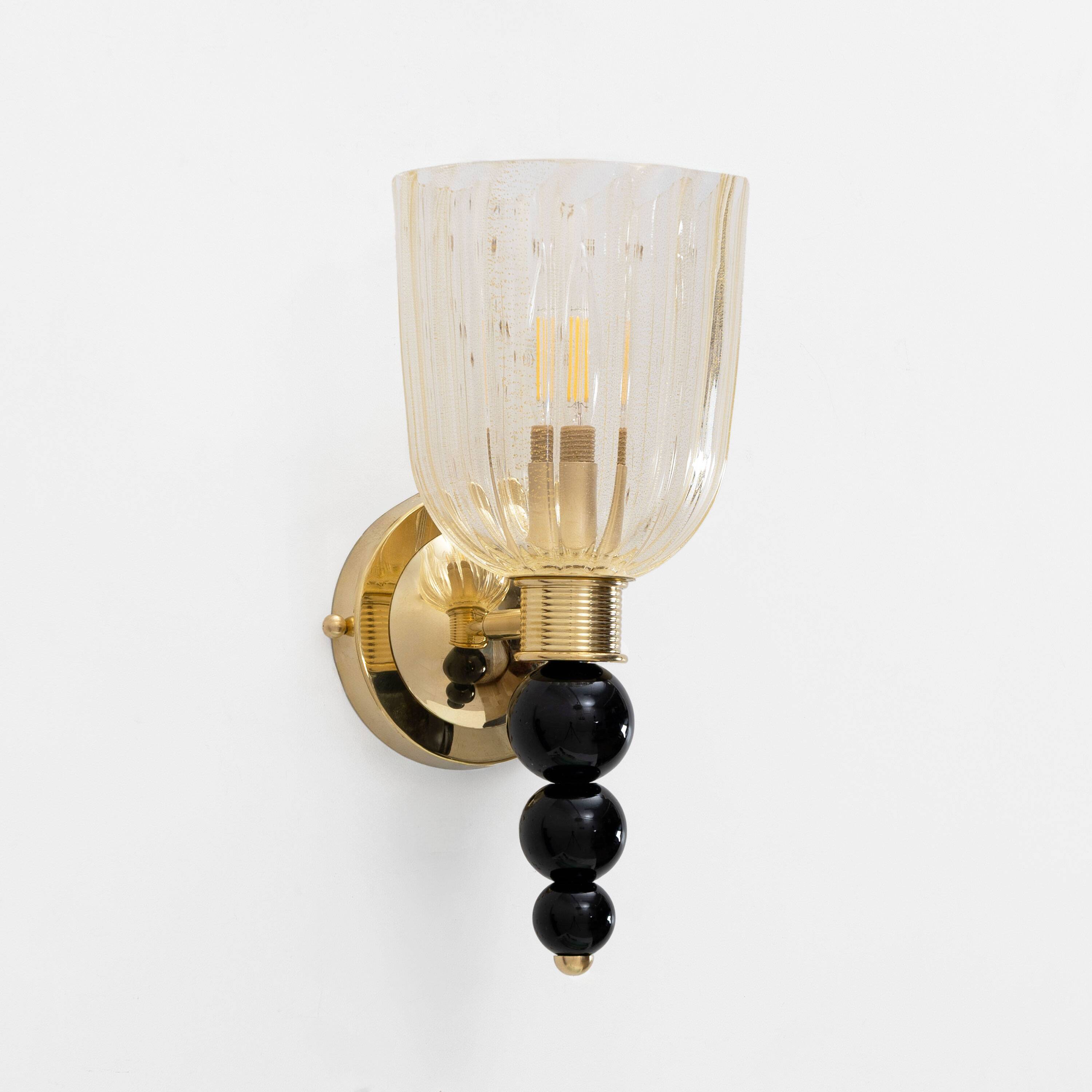 Pair of Italian Murano Glass Wall Sconces with Gold Dust Inclusions and Bra