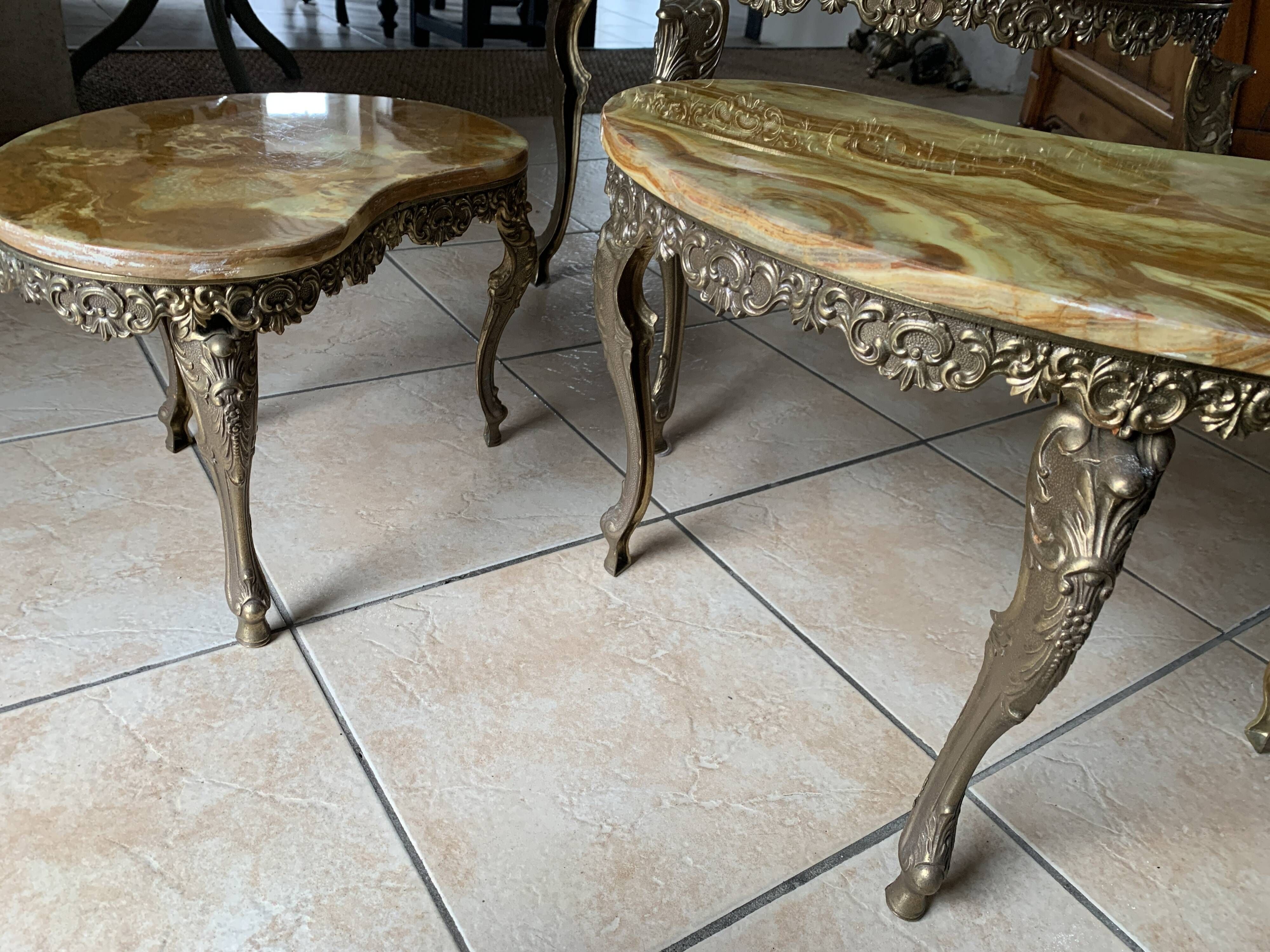 Lot of 3 marble and brass nesting tables.