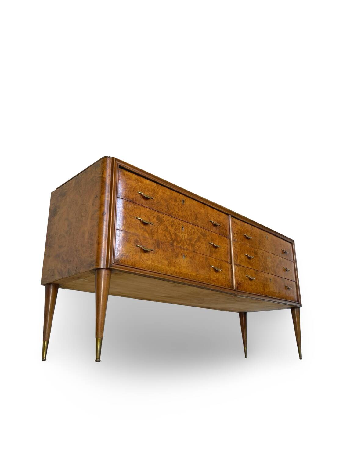Veneered burl walnut chest of drawers with light warm brown glass top