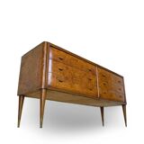 Veneered burl walnut chest of drawers with light warm brown glass top