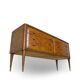 Veneered burl walnut chest of drawers with light warm brown glass top