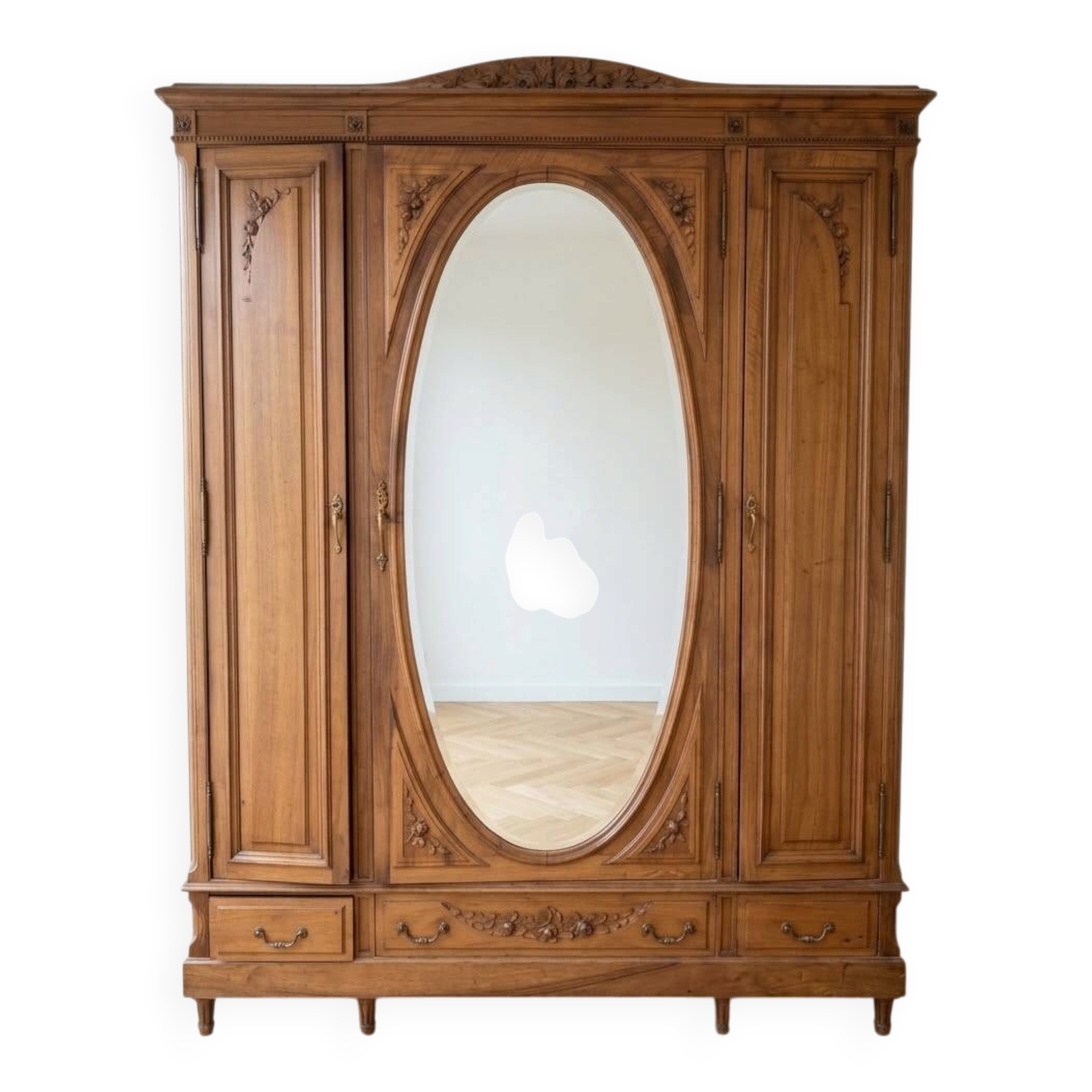Armoire ancienne en bois massif avec miroir ovale