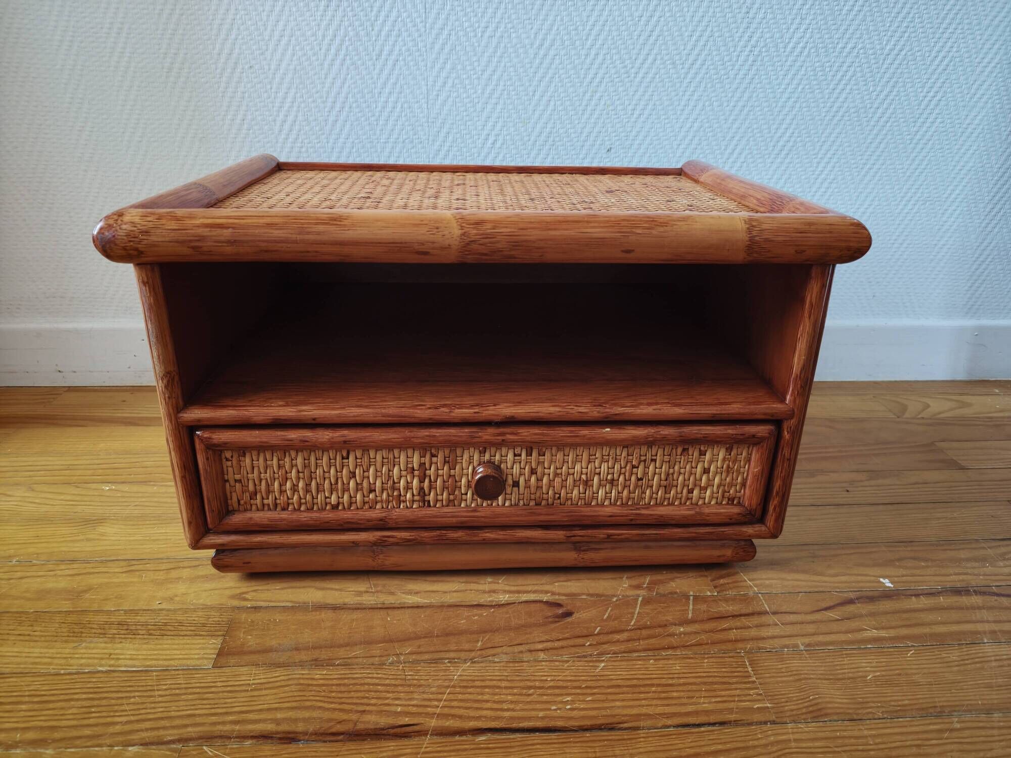 Rattan bedside table from the 1970s-80s.