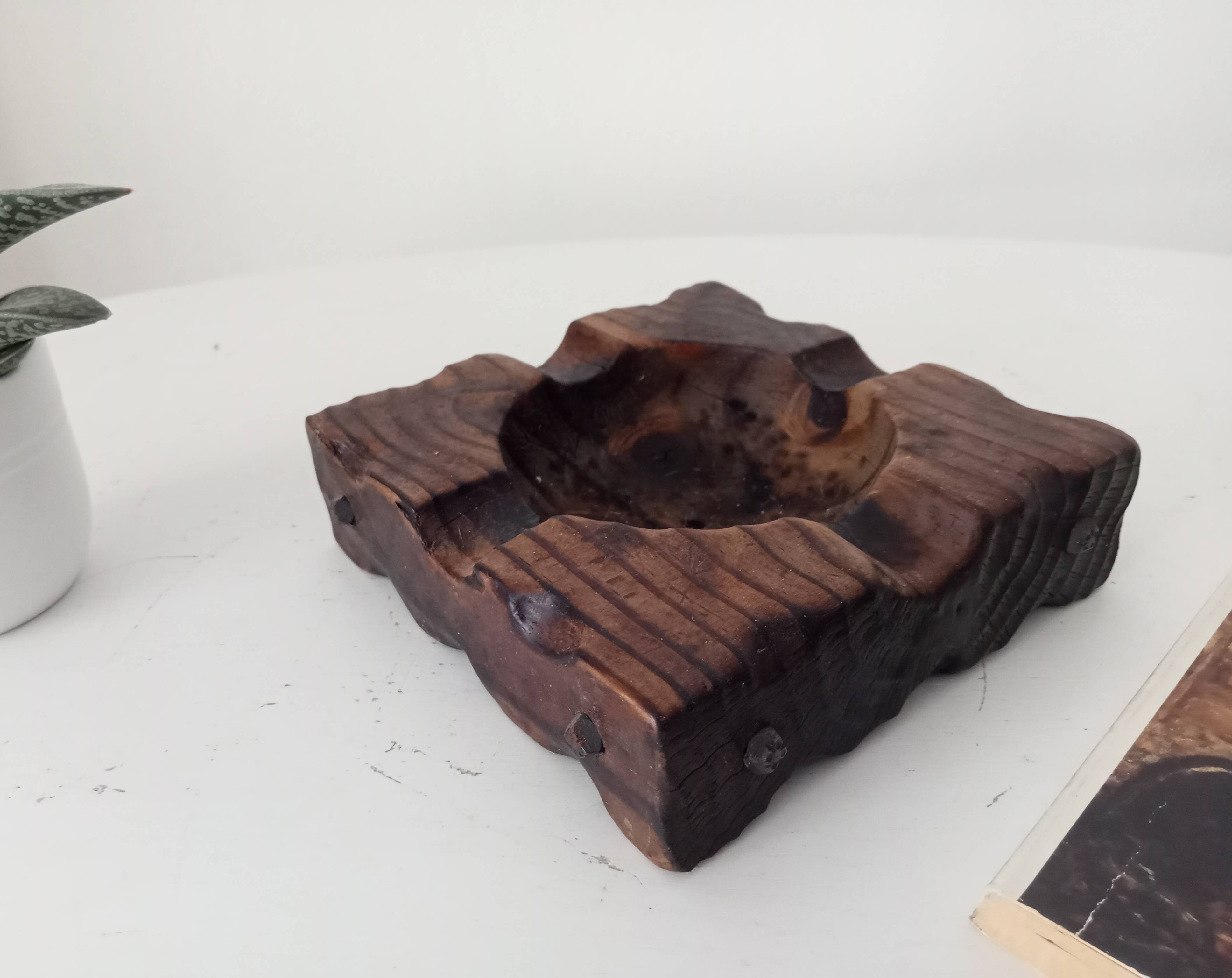 Brutalist vintage ashtray from the 1960s, carved wood.