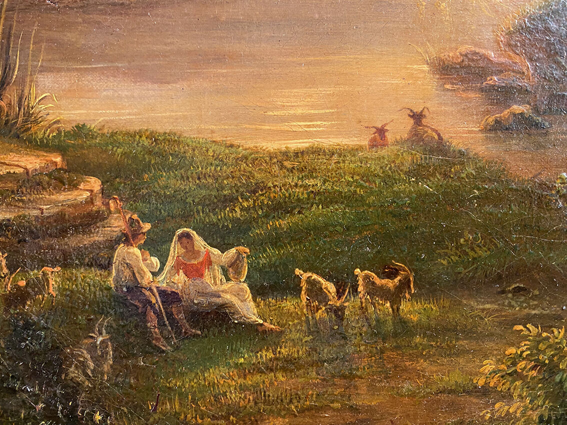"Animated landscape at sunset", oil on canvas 19th century