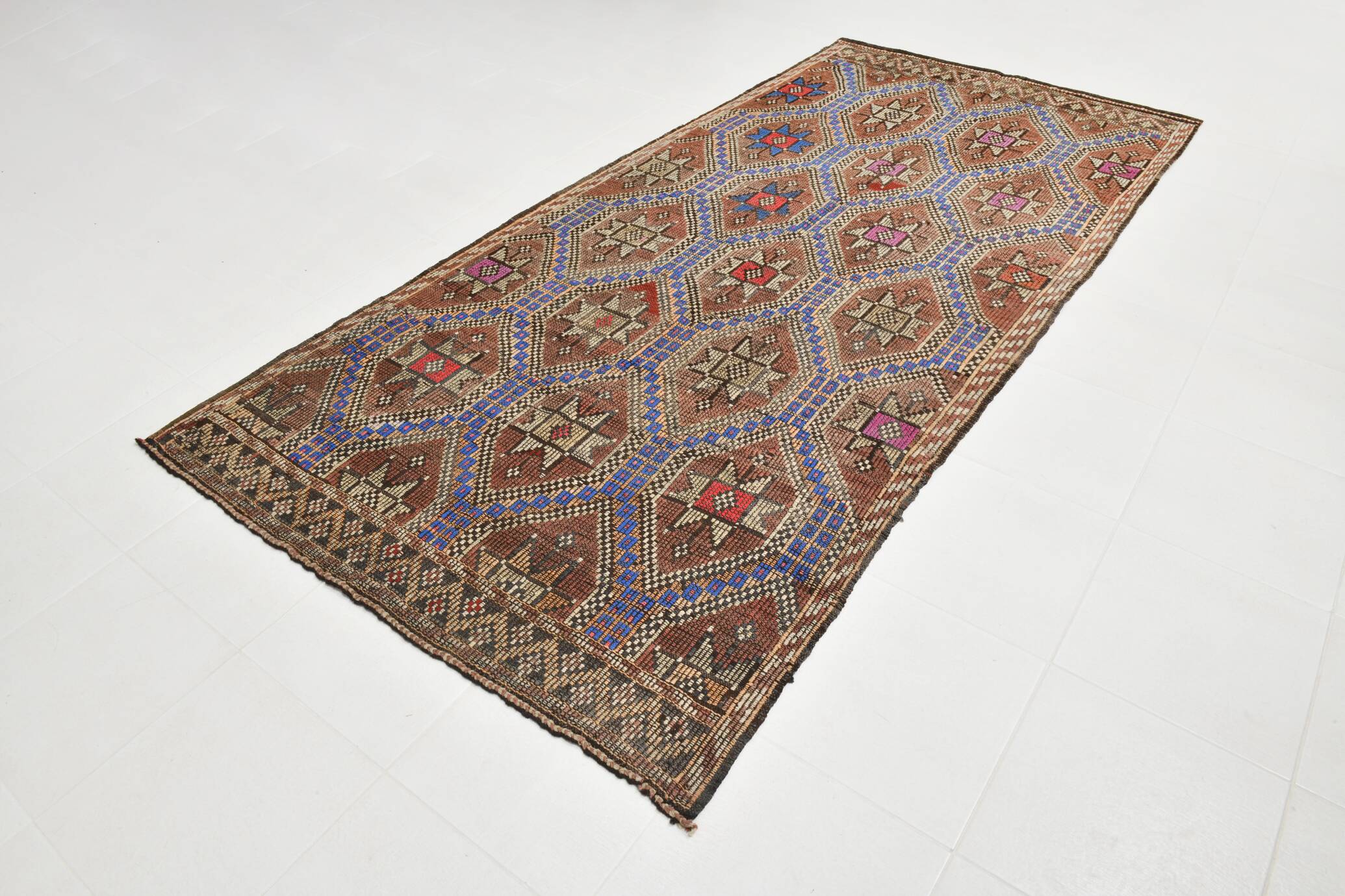 Blue & Brown Star Pattern Kilim Rug, 153x315Cm