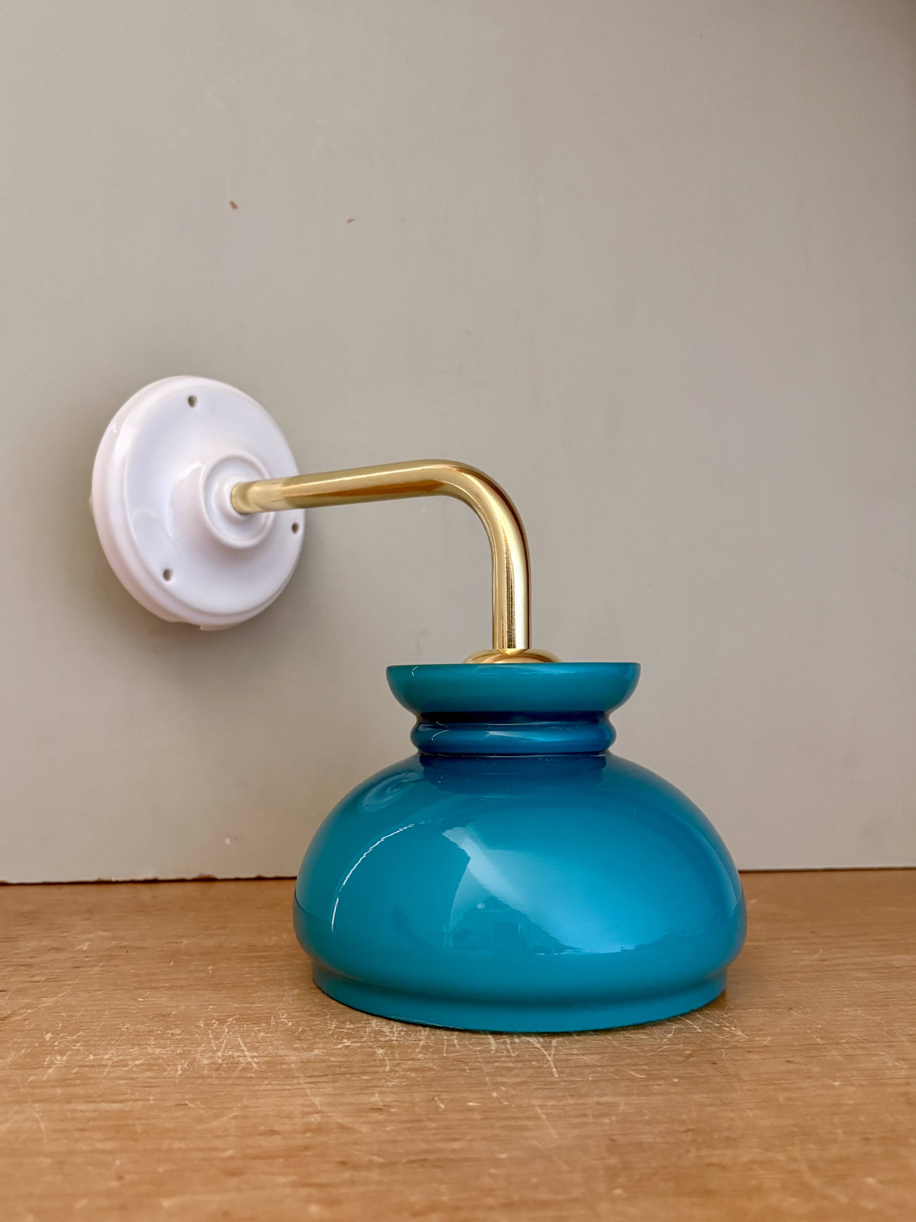Vintage angled globe wall light in blue opaline