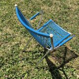 Vintage children's scoubidou chair with chrome metal frame and blue seat