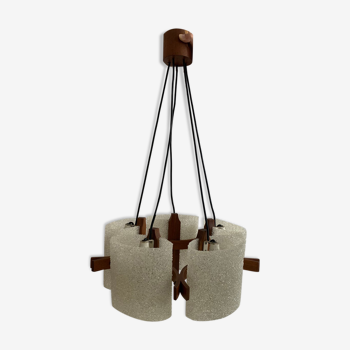 Suspension vintage au design scandinave en teck et perspex granité blanc