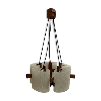 Suspension vintage au design scandinave en teck et perspex granité blanc