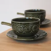 Vintage Tams England service – 6 soup bowls with handles and saucers in olive green ceramic.