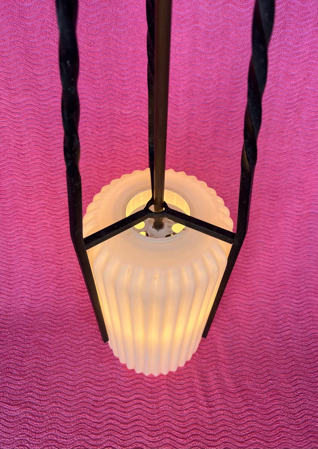 LAMP/IRON SUSPENSION FORGED OPAQUE WHITE GLASS CYLINDRICAL TUBE