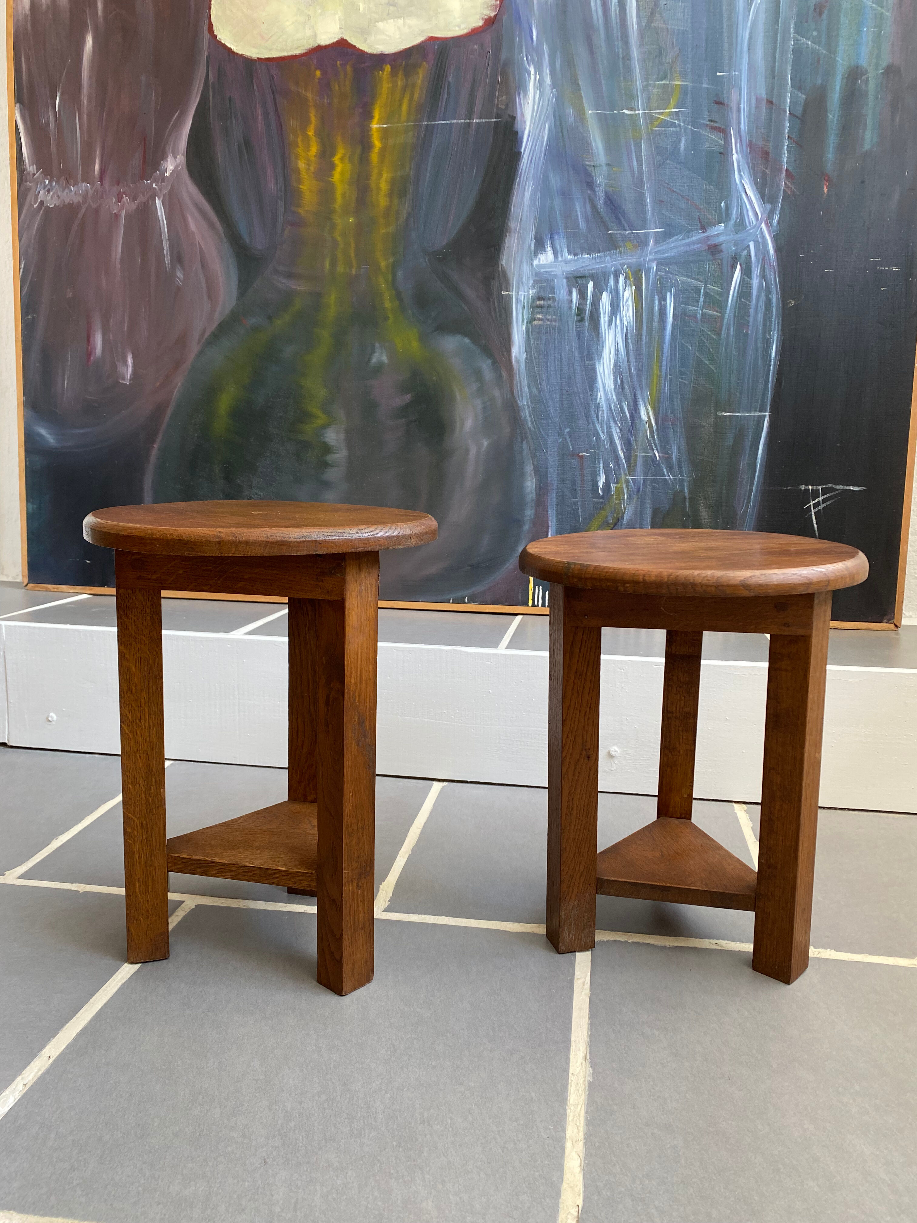 2 Vintage Tripod Oak Stools 50s