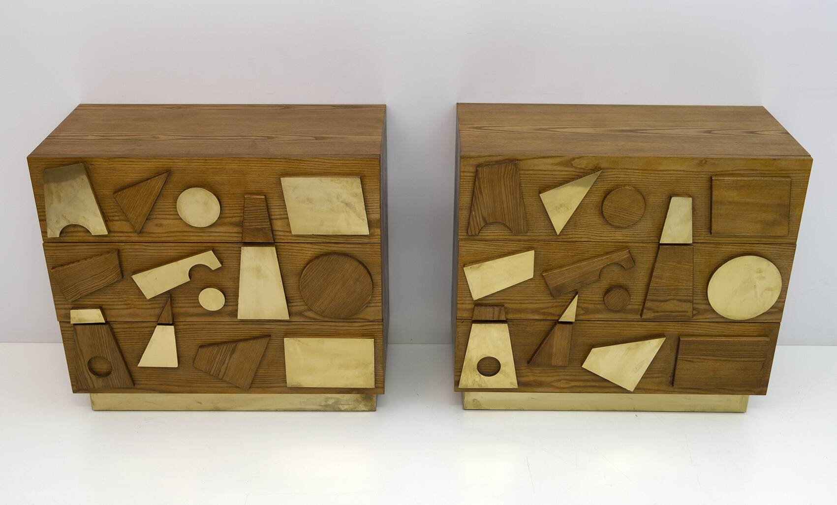 Brutalist Italian Ash Tree and Brass Chests of Drawers, Two