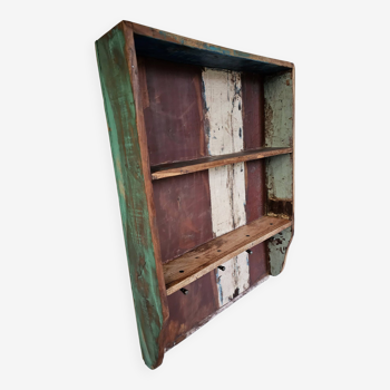 Wall shelf 3 shelves + 4 hooks cast iron in polychrome wood