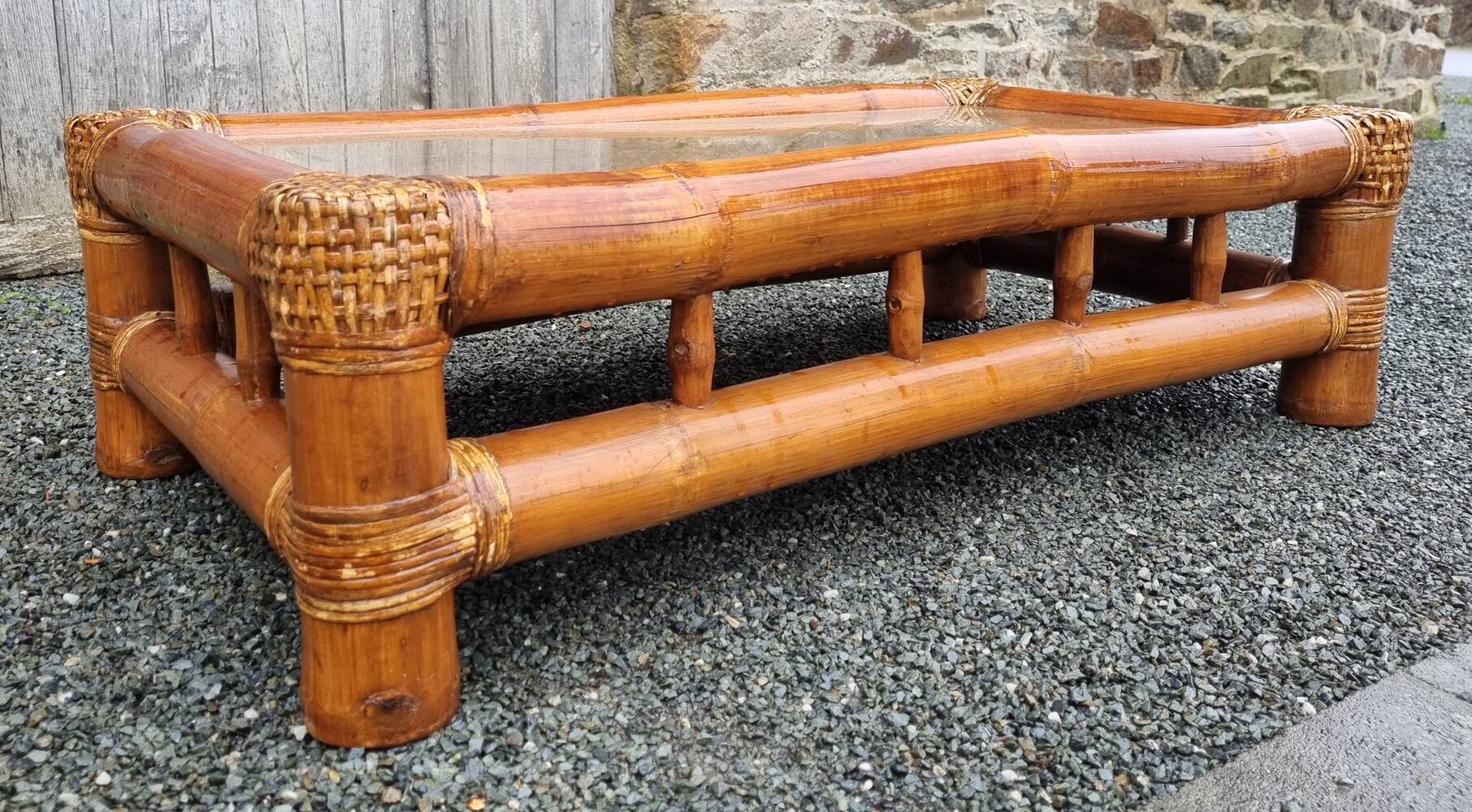 Bamboo, rattan and glass coffee table, 80s