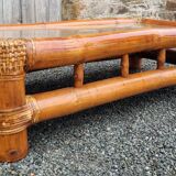 Bamboo, rattan and glass coffee table, 80s